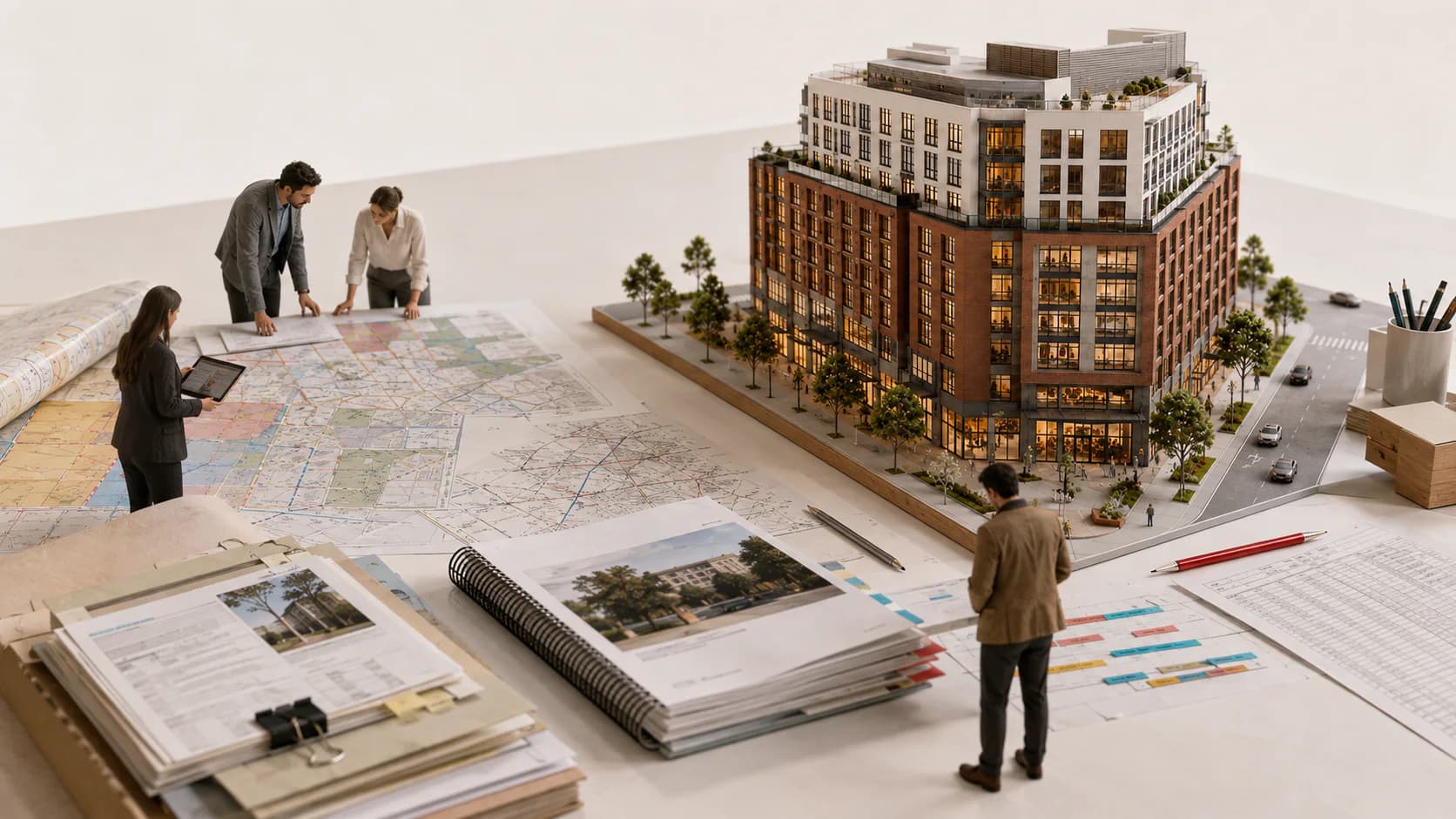 A development team reviewing maps, plans, reports, and the physical model of a mixed-use project
