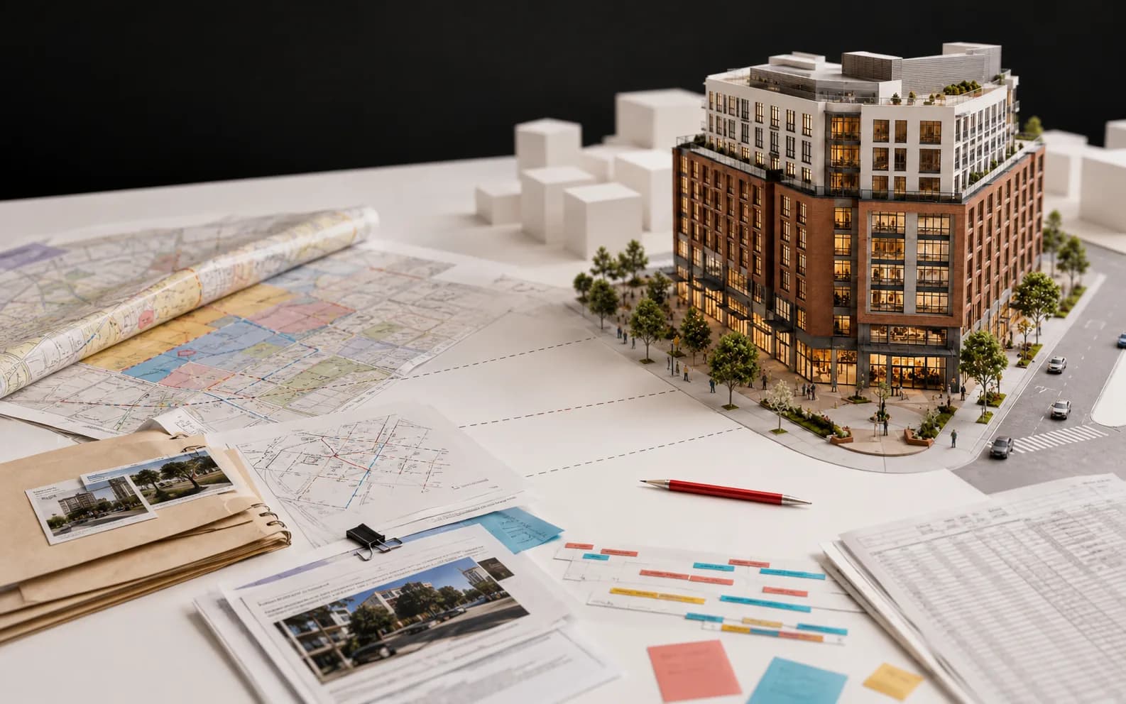 A miniature mixed-use project surrounded by source documents, maps, schedules, and site evidence
