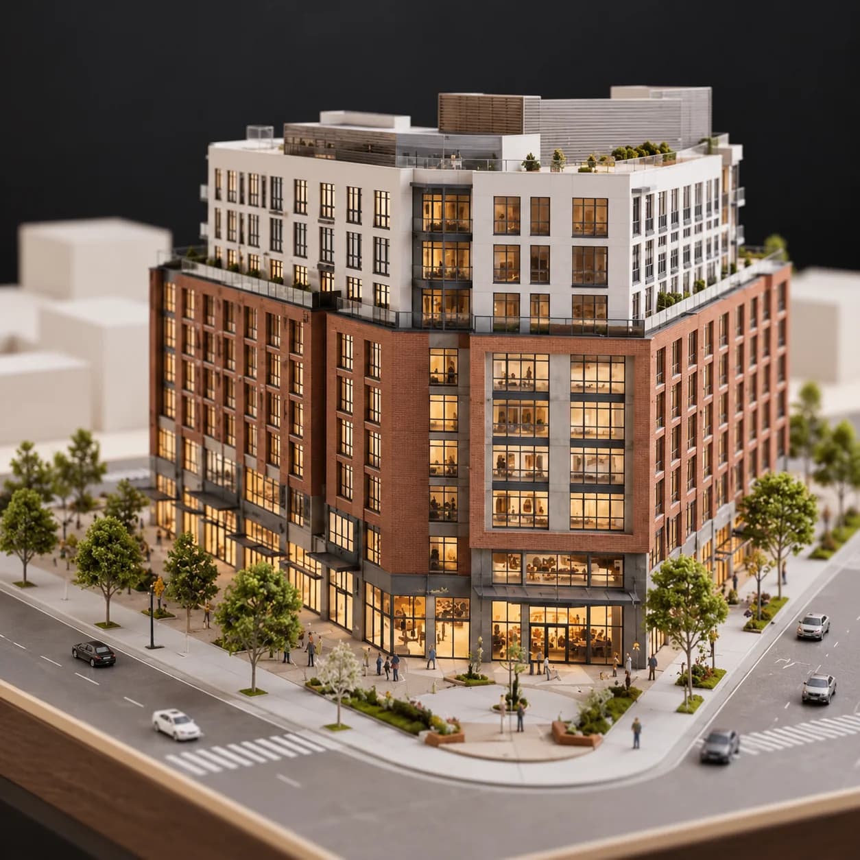 A completed mixed-use development represented as a detailed architectural model