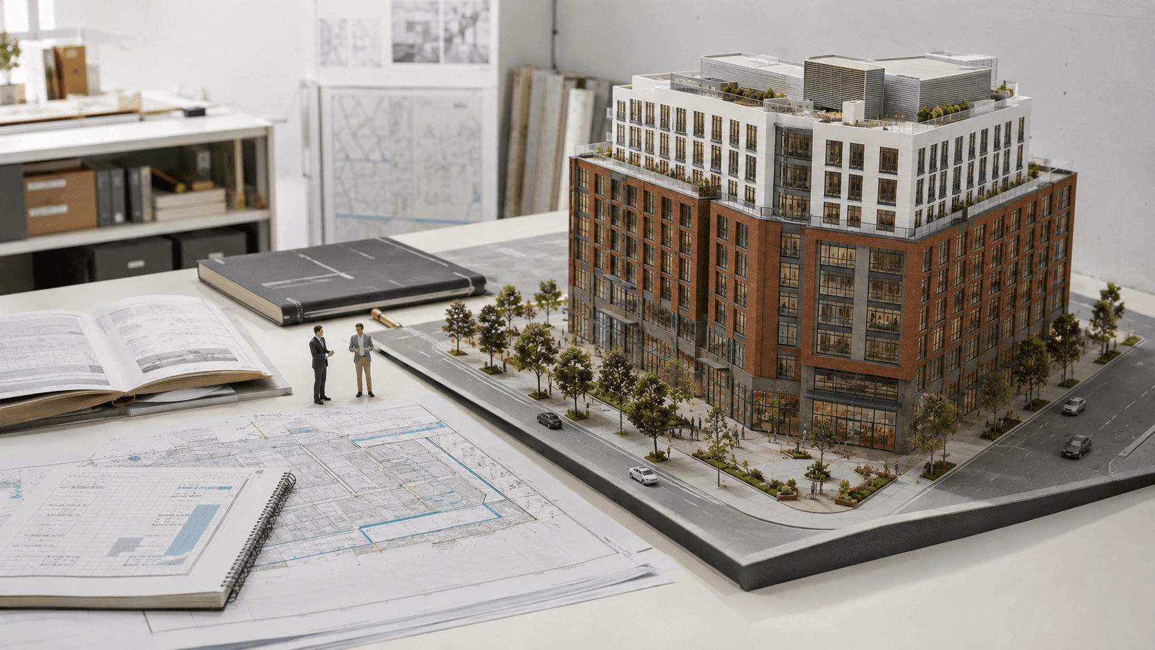 A physical mixed-use site model connected to project analysis and coordination