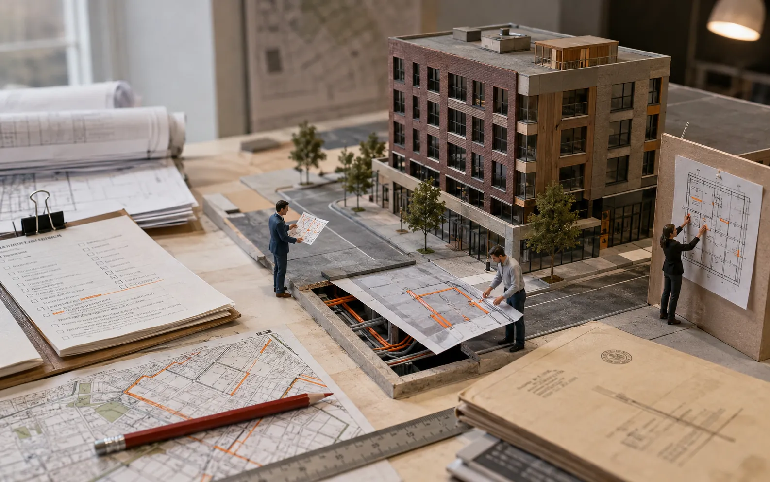 A project team working around a physical mixed-use development model