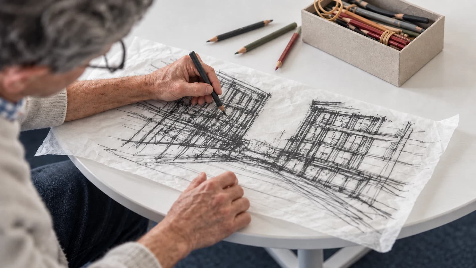 An architect developing a building concept by hand on trace paper
