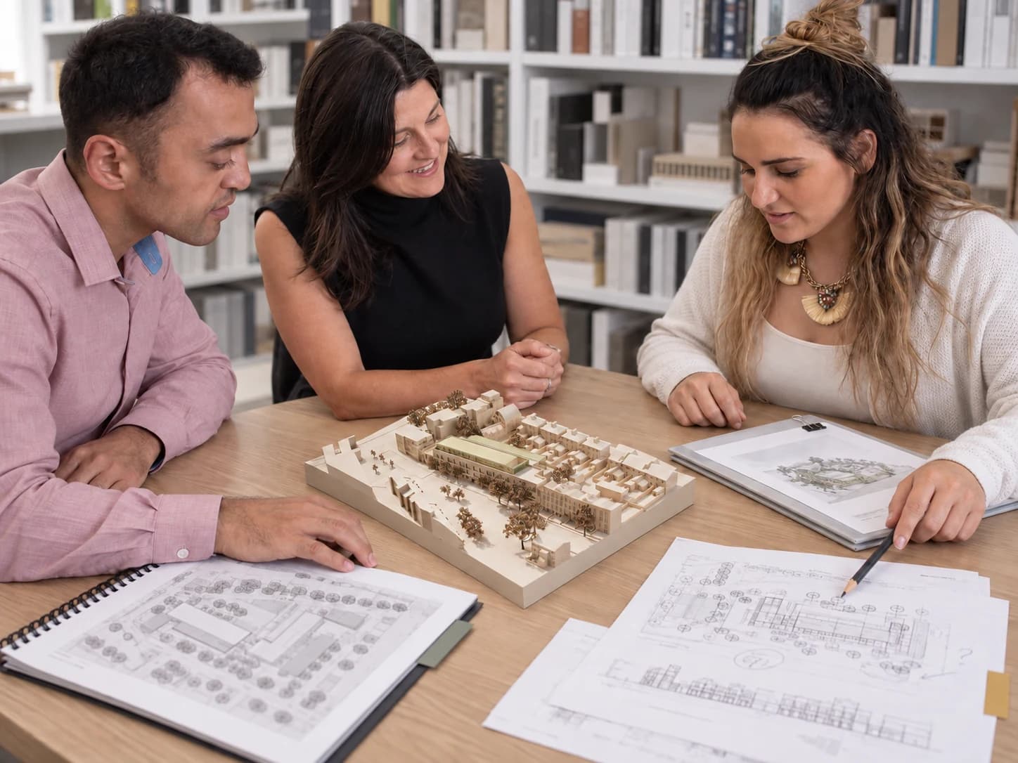 A development team reviewing plans and a physical project model