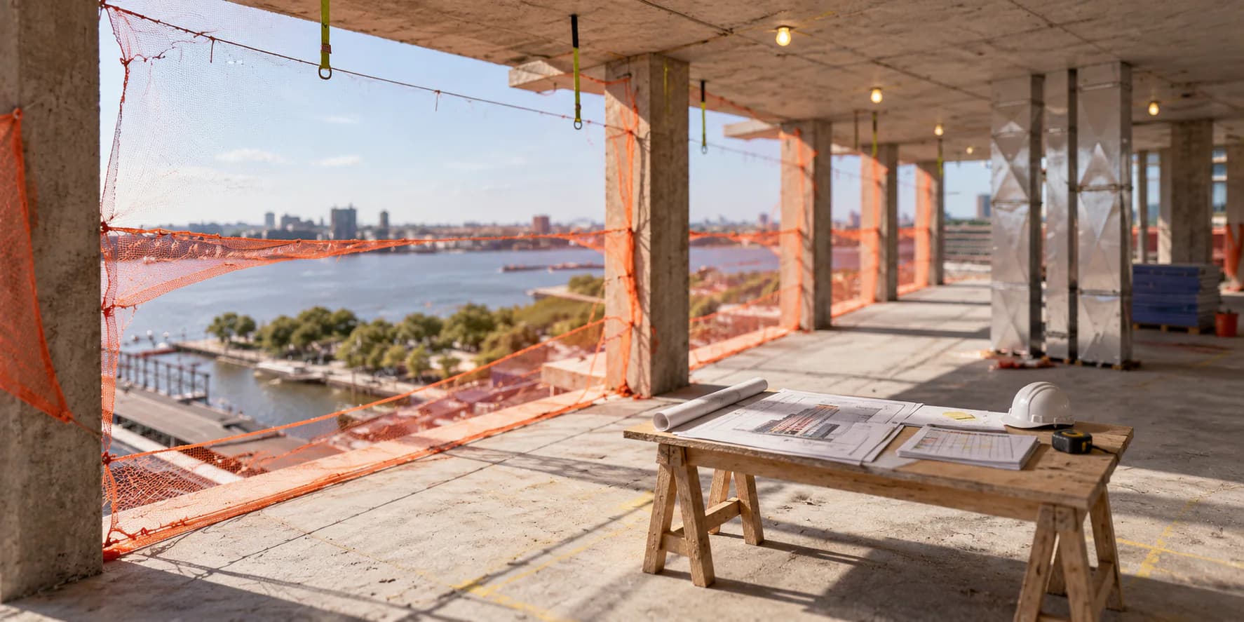 An active construction floor with current drawings, schedule, and site conditions reviewed together