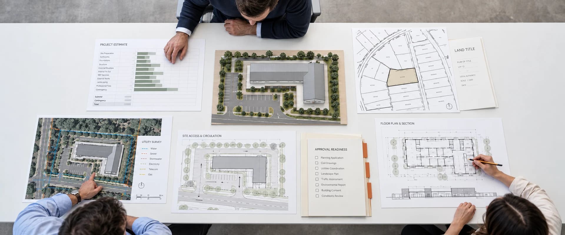 A project model coordinated with cost, title, utility, access, approval, and architectural documents