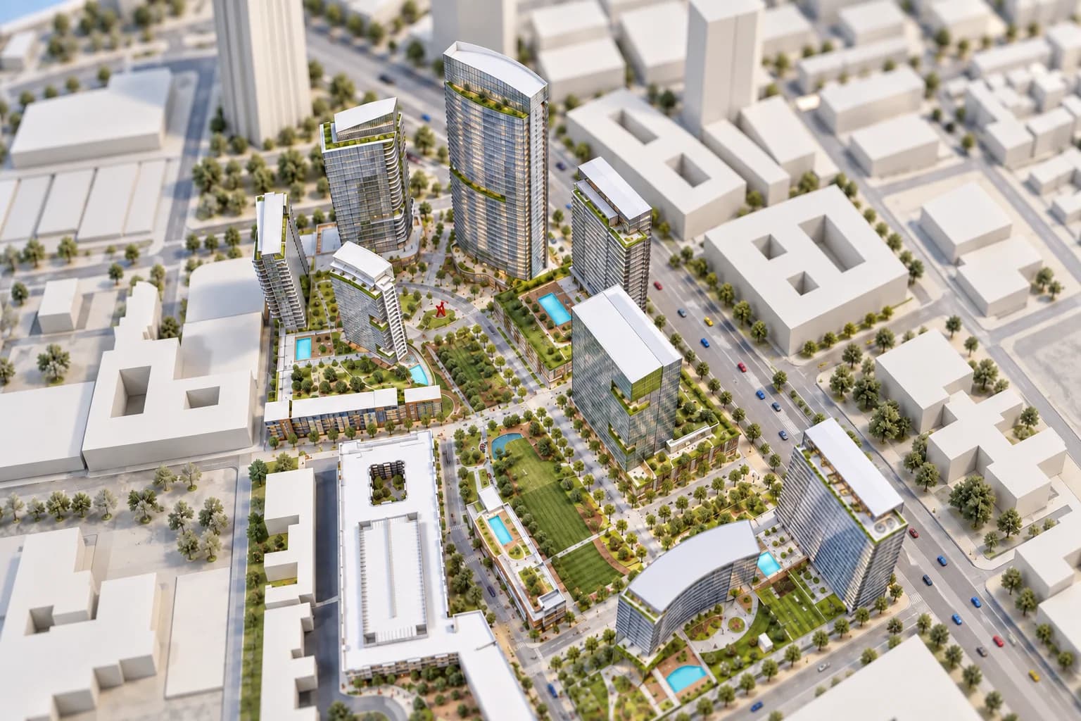 A complete mixed-use masterplan illustrating an optimized development path within its city context