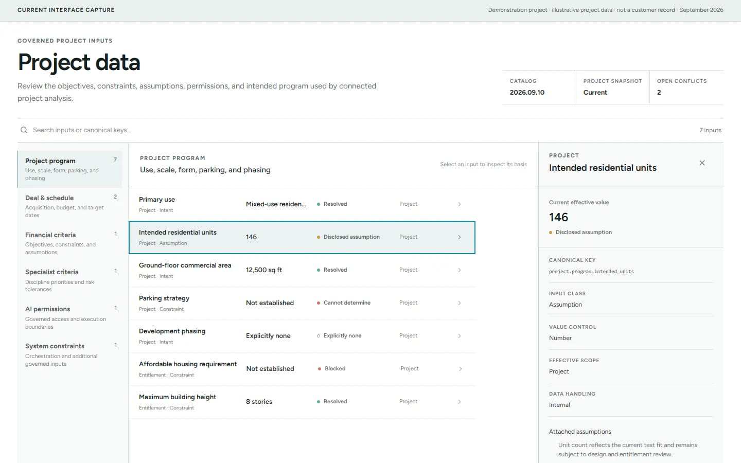 Deventic project data workbench showing governed project inputs, resolution states, effective scope, and an attached assumption