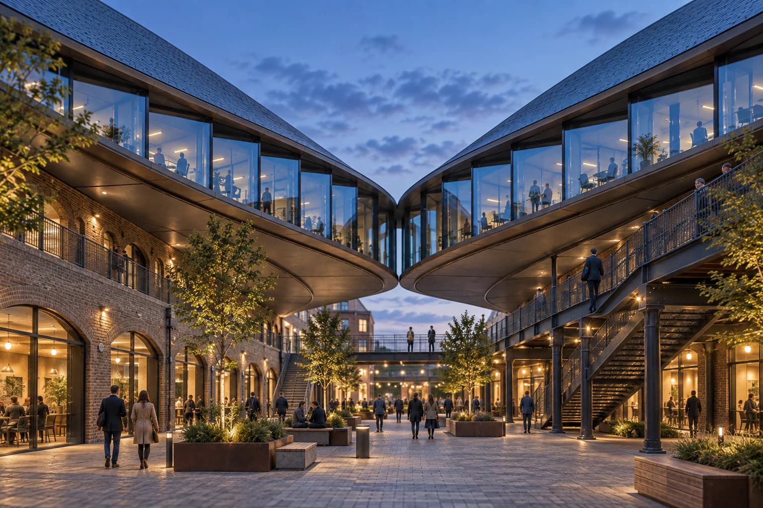 A completed adaptive-reuse project combining historic structures and contemporary design