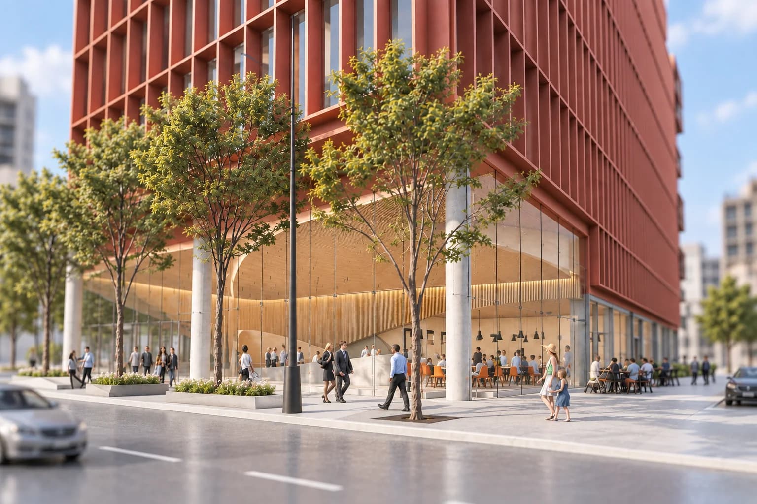A civic building with a disciplined red facade and an active transparent ground floor