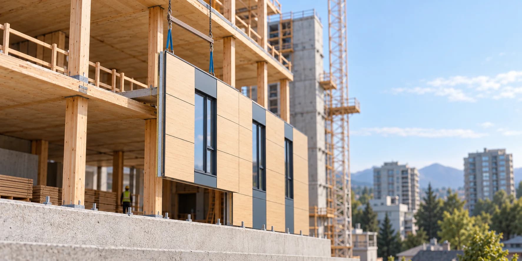 A prefabricated timber facade panel being installed on an active construction site
