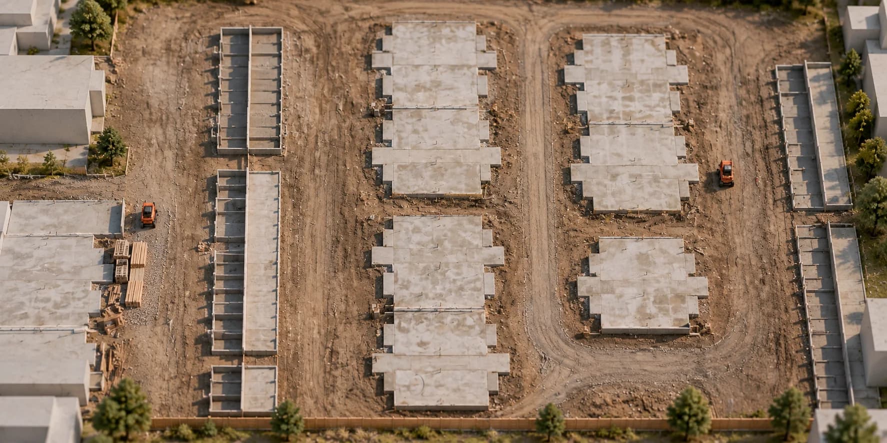 A housing development site with foundation work and site circulation advancing in sequence