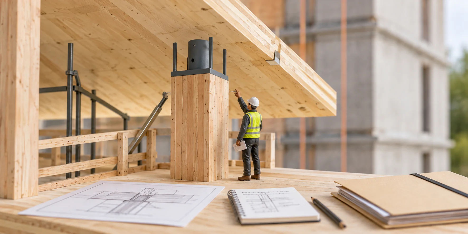 A timber structural connection being checked against current construction drawings