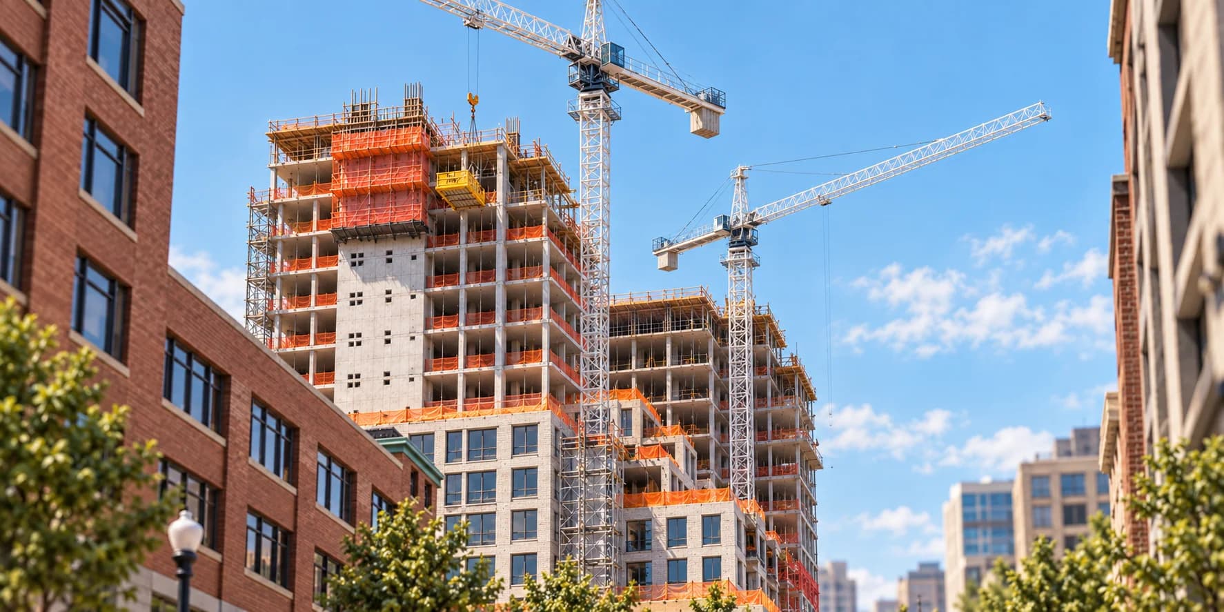 An urban high-rise advancing through active construction with cranes and safety systems in place