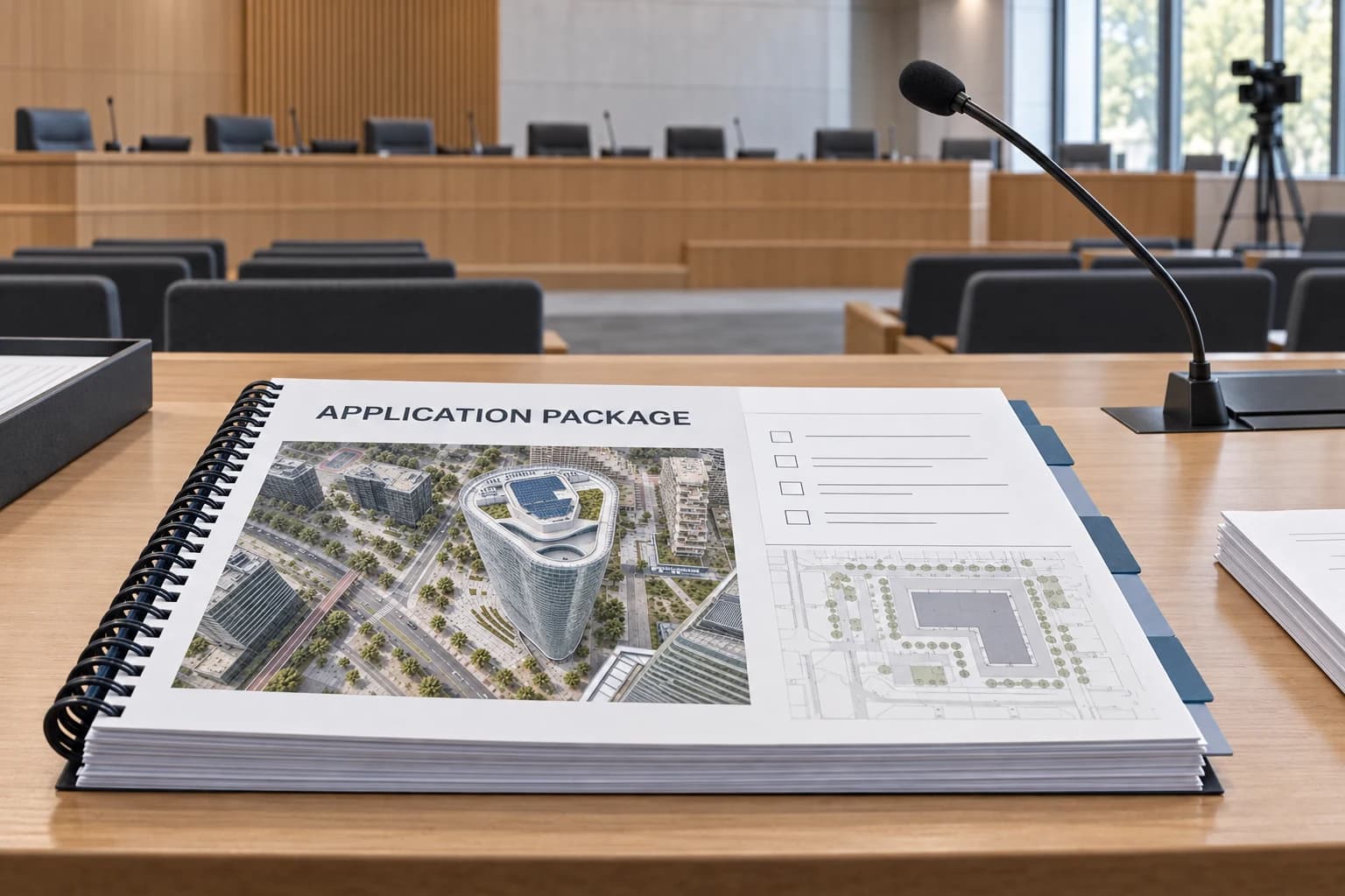 Bound development application package prepared in a public hearing room