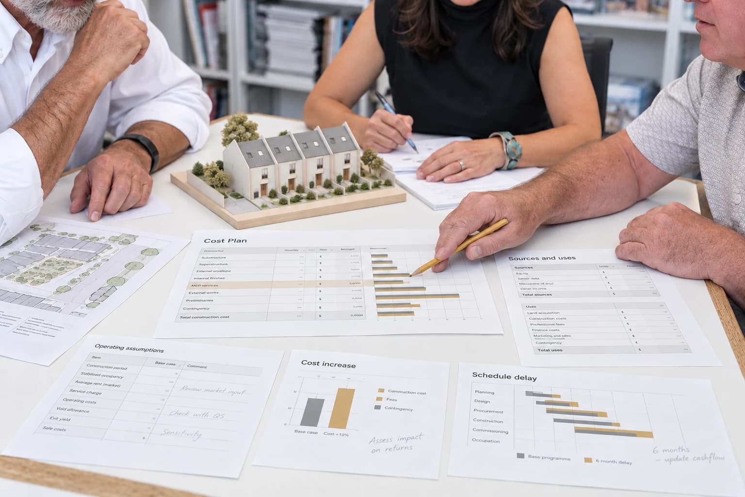 A development team comparing a physical housing model with cost, schedule, and financing worksheets