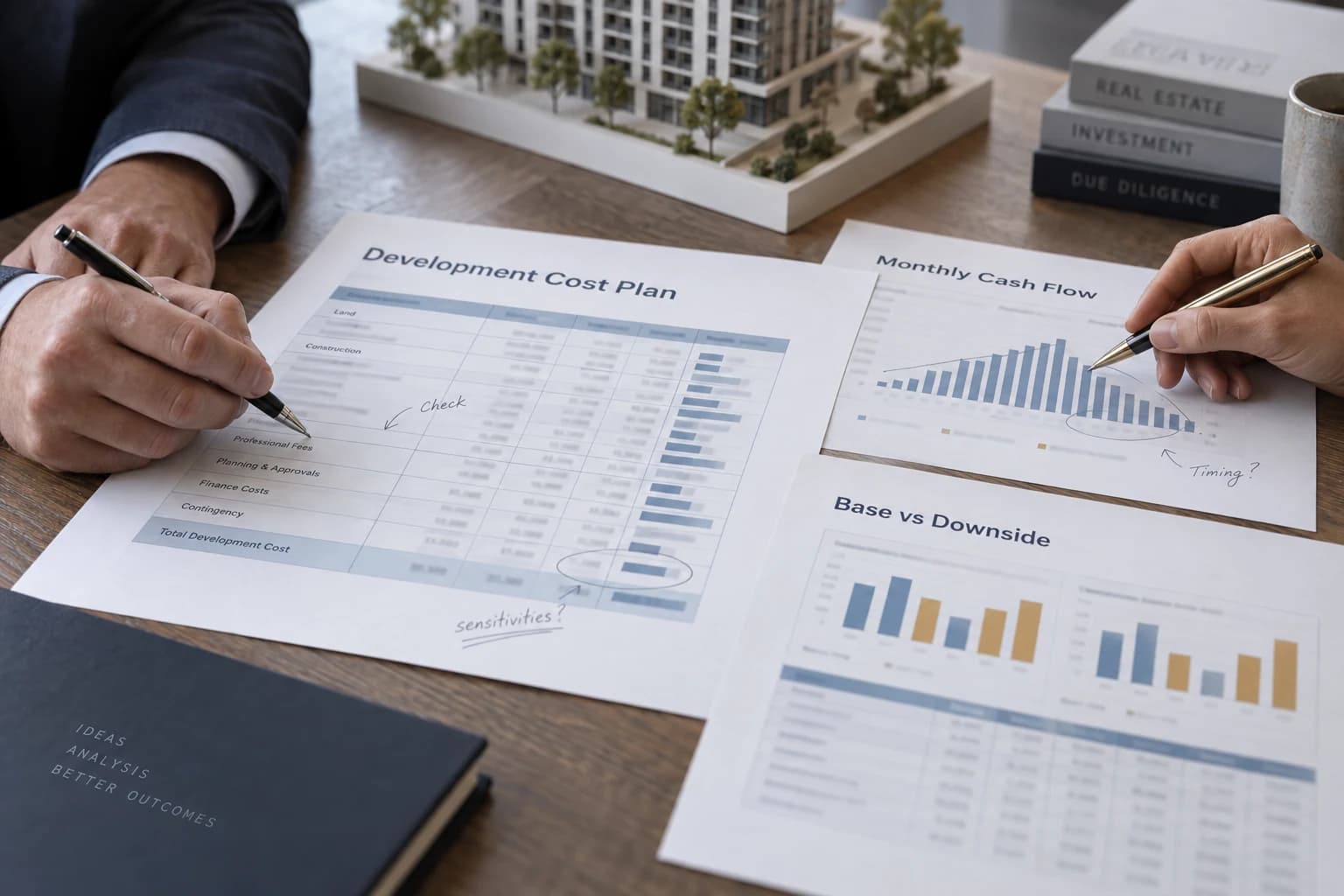 Reviewers comparing a development cost plan, cash flow, and downside scenario