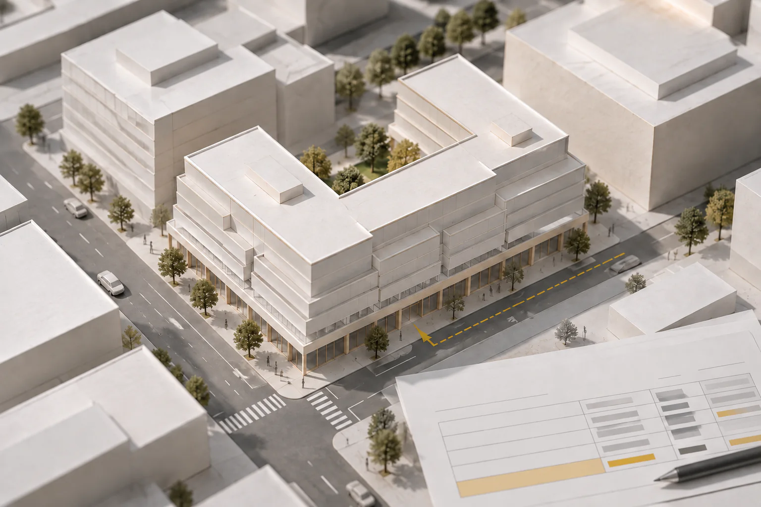 A proposed mixed-use development shown with its current plans and approval checklist