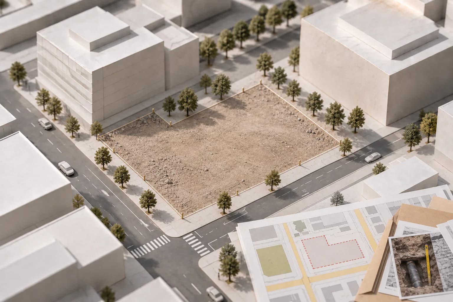 An undeveloped city parcel shown with its street context and supporting project records