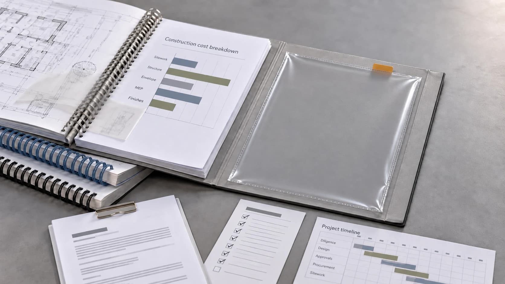 A coordinated project package with plans, a checklist, and an open position for a missing report