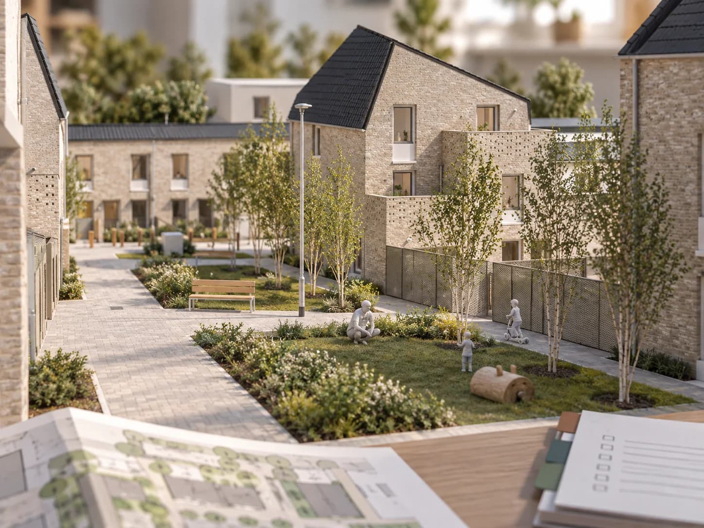 A residential courtyard development shown beside its coordinated site plan and readiness checklist
