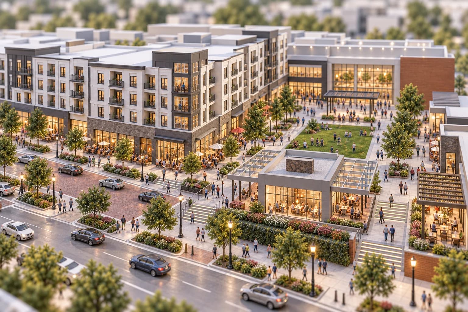 A miniature mixed-use district showing housing, public space, streets, and commercial activity