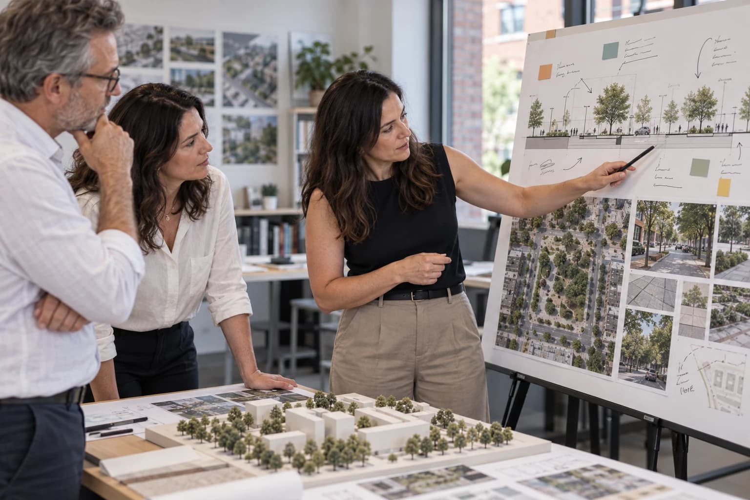 Project team reviewing public-realm priorities around a planning presentation