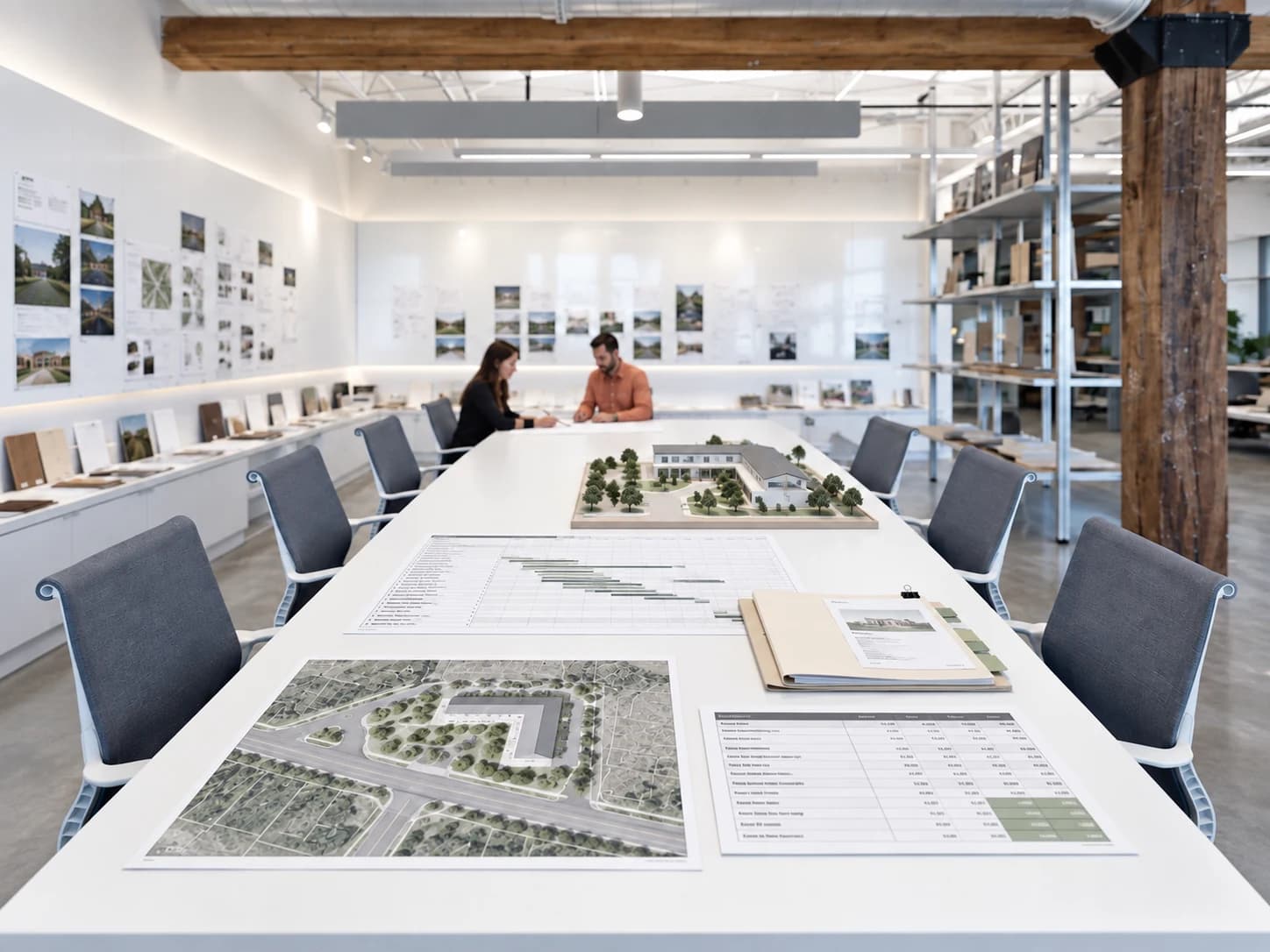 An organized pre-construction workbench with a site plan, schedule, cost analysis, approval package, and project model