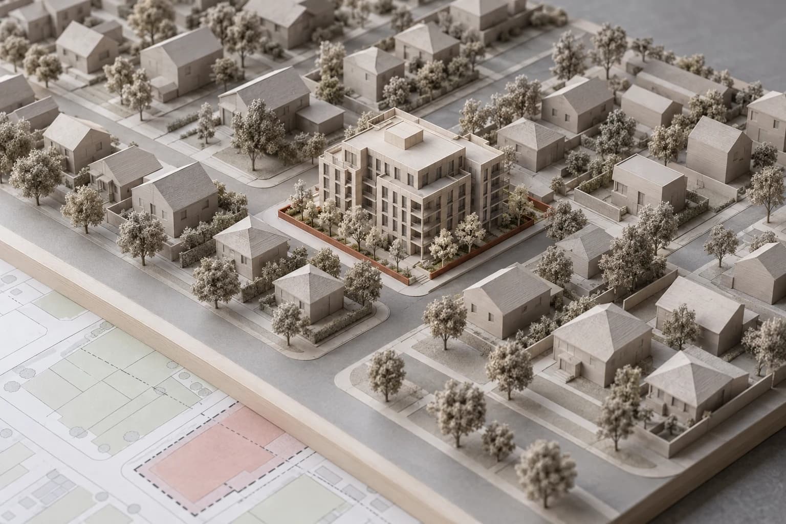 Proposed mid-rise development shown in a physical neighborhood context model