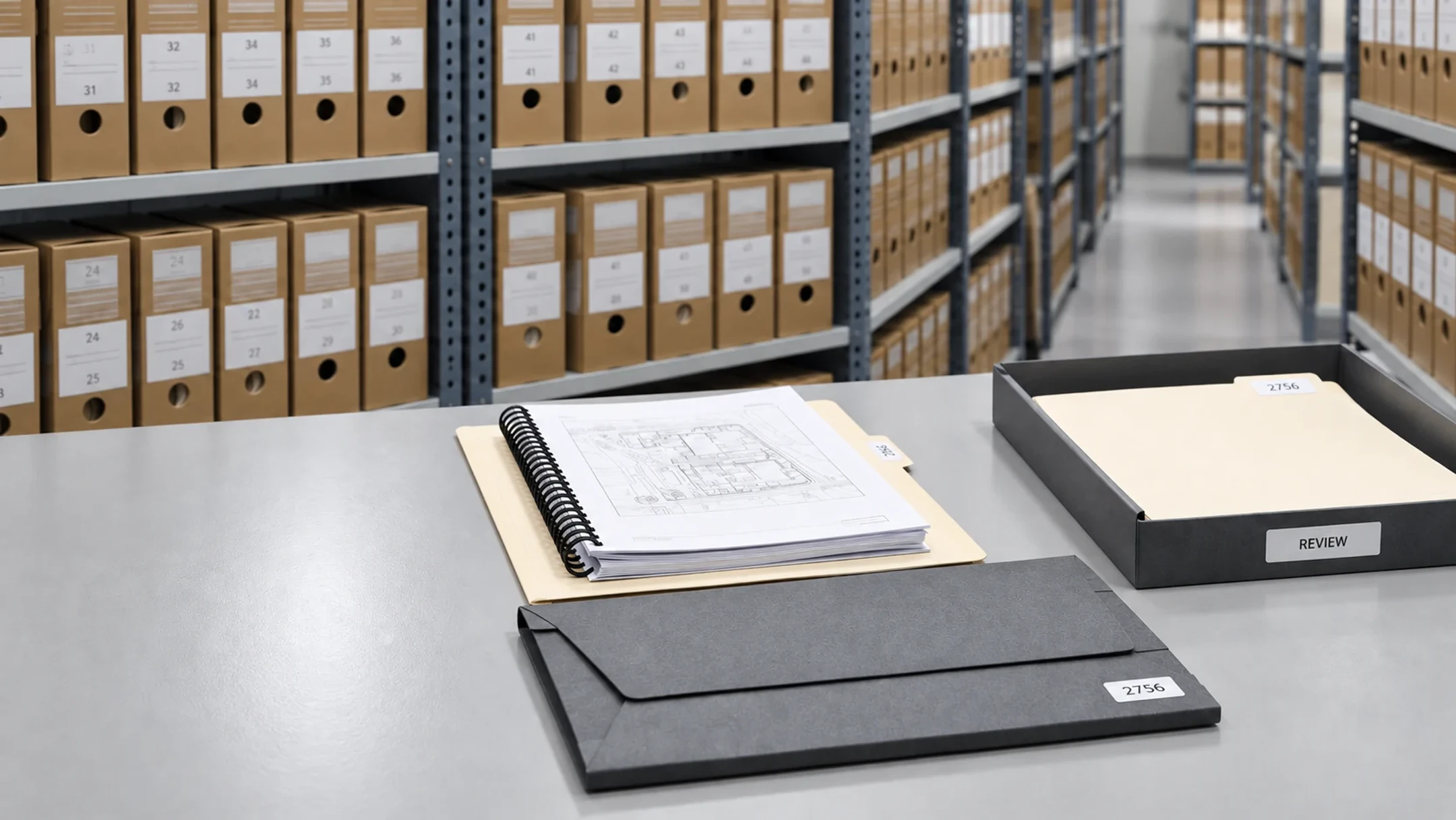 A controlled project record with source plans, a closed document wallet, and a separate review tray in an organized archive
