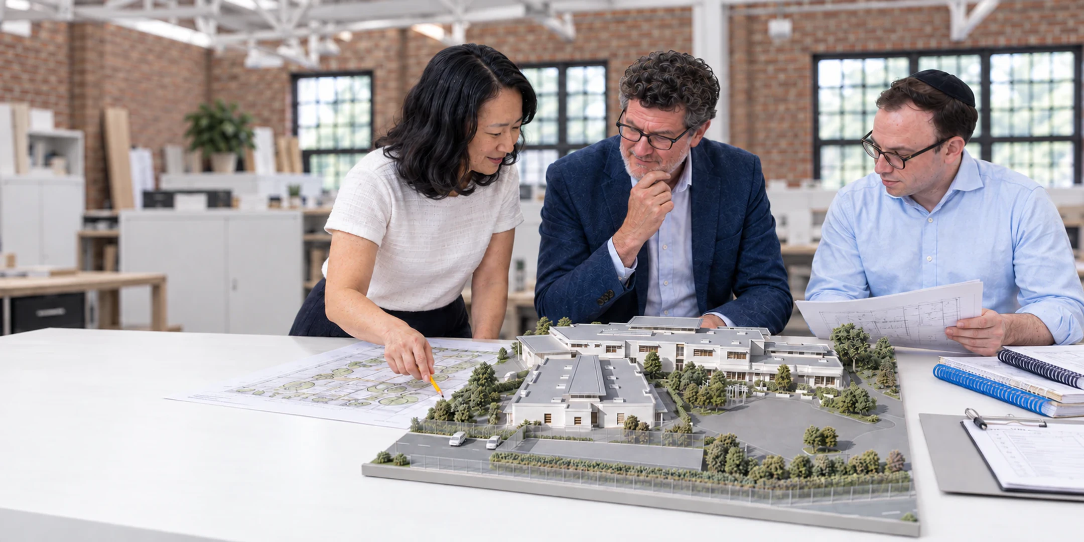 A development team evaluating an institutional project model with plans and approval materials