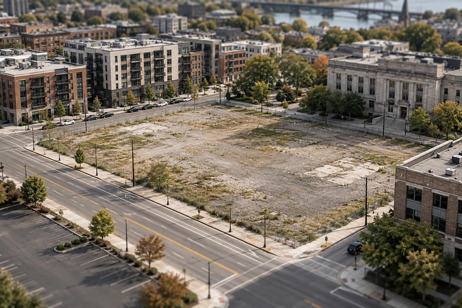 An urban infill opportunity shown within its streets and neighborhood context