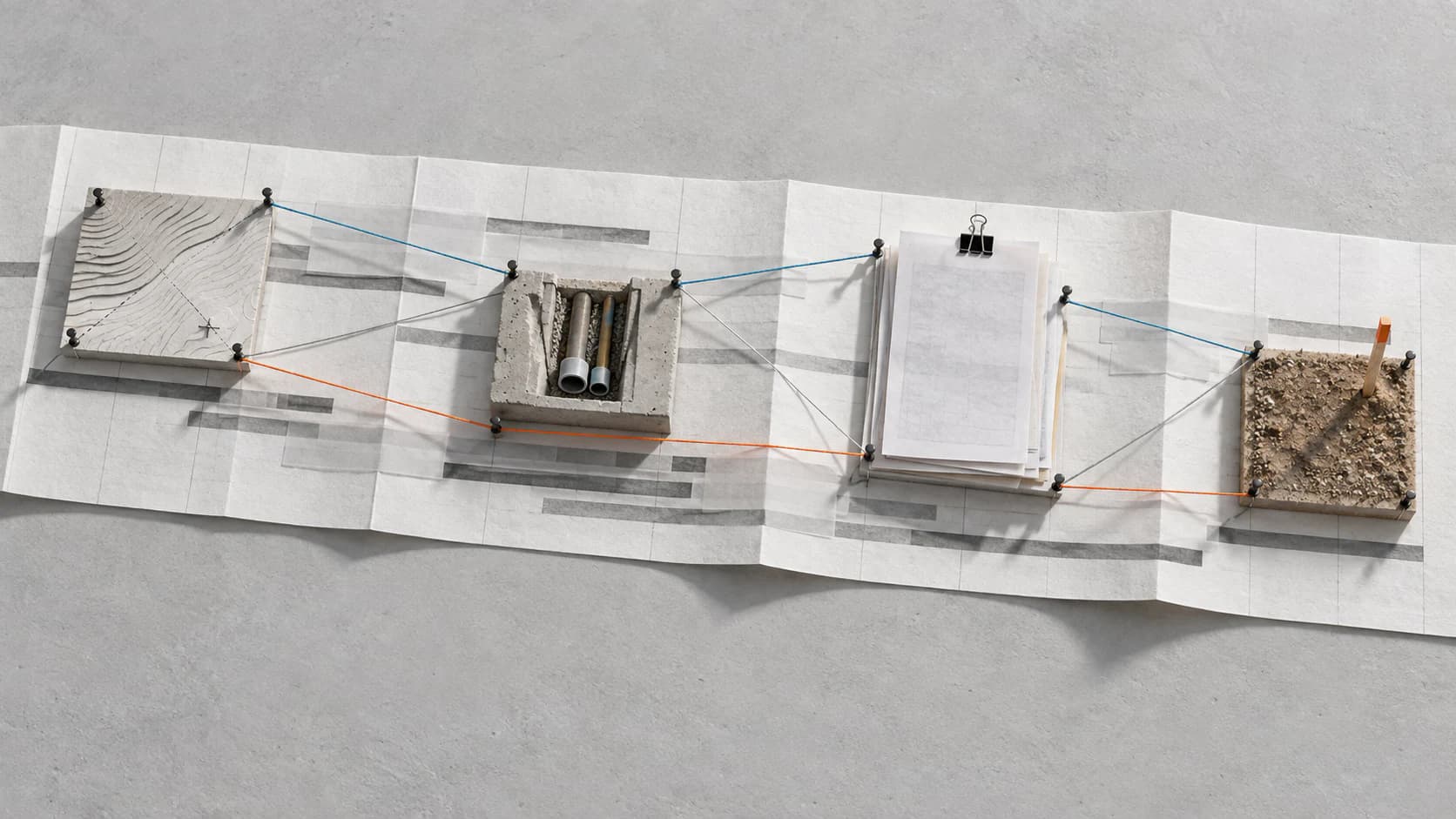 Physical project timeline connecting consultants, approvals, deliverables, and construction readiness