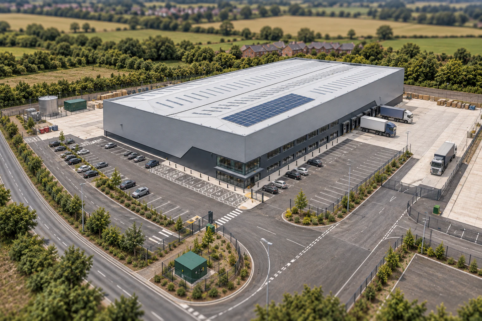 An industrial development with access, utility, loading, and site systems visible together